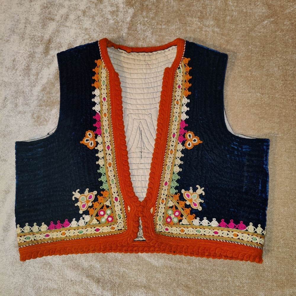 Vintage 60's Blue Velvet Quilt Vest with Tahriri Style Embroidery, Size M